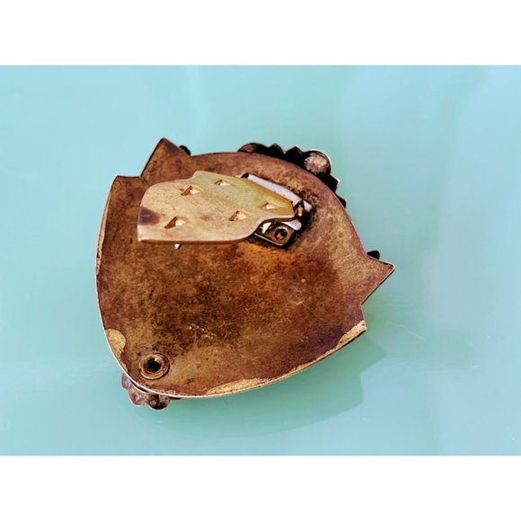 Antique Brass Flower Fur Clip Blue Rhinestone - Picture 5 of 6